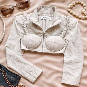 Mistress Rocks Linen Corset Cropped Jacket Bustier Top XS Ivory Structured